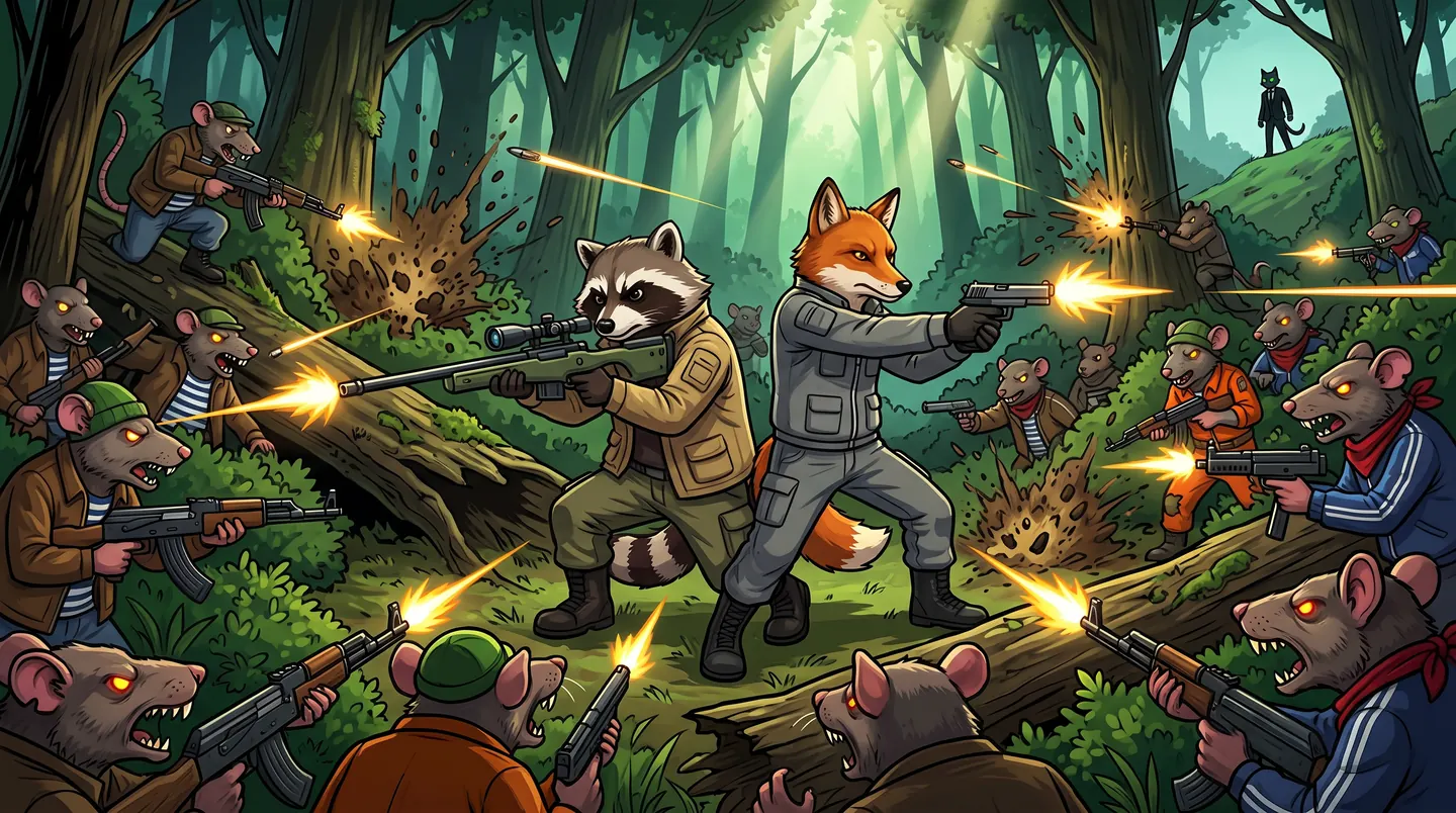 Firefight in the woods: a raccoon with a sniper rifle and a fox with a pistol hold off rat gangs while a cat in a suit stands on the hill